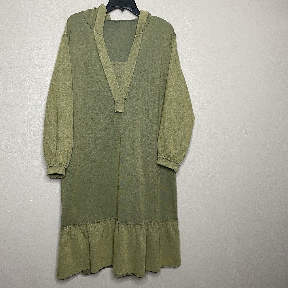 Pol Midi Dress Hoodie Long Sleeves Deep V Neck Flare Hem Size S Oversized Green‎